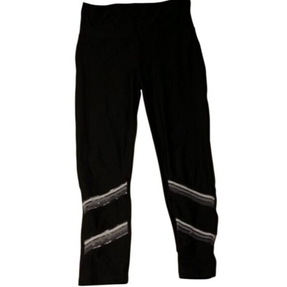 Xersion Black Athletic Leggings Reflective Stripes Mid-Rise Waist Stretchy Mediu